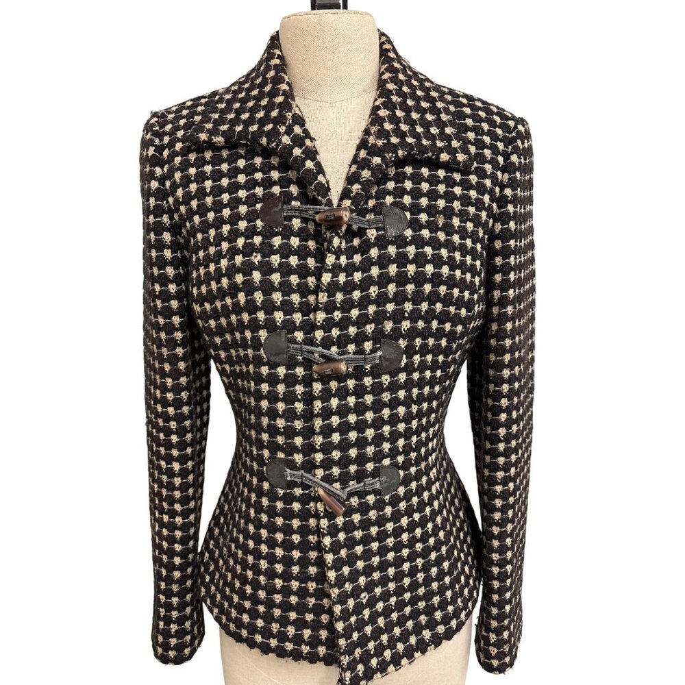 Tahari Arthur S. Levine Womens Tweed Houndstooth Jacket Size 6 Wool Blend Black